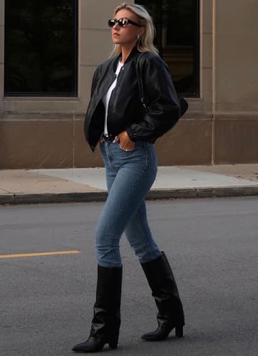 modatope knee high boots women fold over knee high boots chunky high heels long boots zipper pointed toe dress tall boots for women