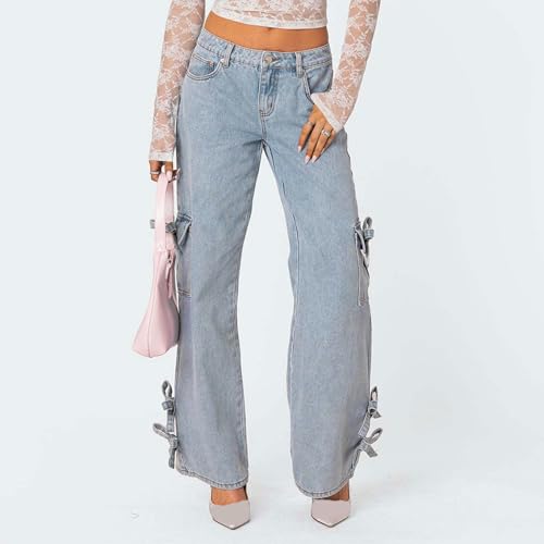 Women's Bow Cargo Jeans Wide Leg Denim Pants Low Rise Stretch Loose Boyfriend Jeans with Multi Pockets2