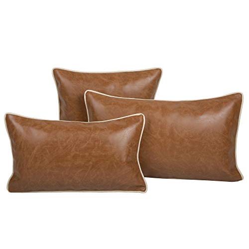 Pillowerus Faux Leather Brown Tangerine Cognac 14"X24" Lumbar Pillow Case/Cushion Cover Modern Contemporary Design Decorative Throw Pillowcase With Piping For Home, Office Couch, Sofa, Chair #TOP4