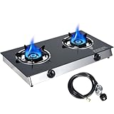 2 Burner Propane Gas Cooktop, Portable Tempered Glass Double Burner Stove with Auto Ignition, 19,000 BTU, CSA Certified Regulator & Hose, Outdoor Camping RV BBQ Kitchen LPG Gas Stove