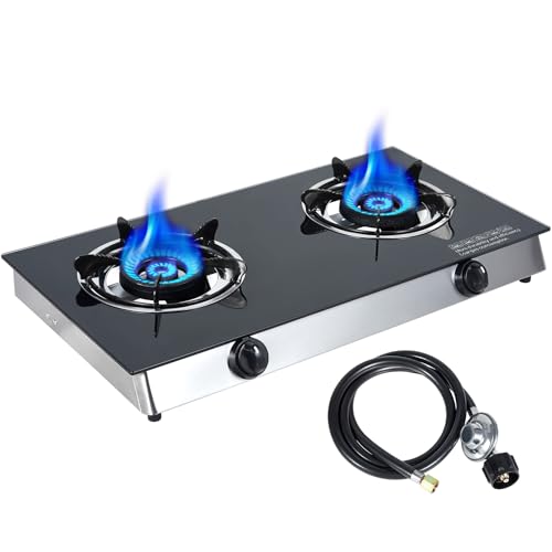 2 Burner Propane Gas Cooktop, Portable Tempered Glass Double Burner Stove with Auto Ignition, 30,000 BTU, CSA Certified Regulator & Hose, Outdoor Camping RV BBQ Kitchen LPG Gas Stove
