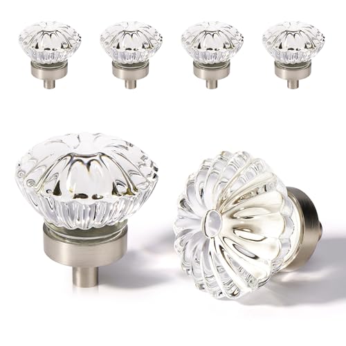 Crystal Vintage Cabinet Knobs Cabinets Knob, 4 Pack Flower Glass Brushed Nickel Clear Crystals Small Pull for Closet Dresser Drawers Cupboard Wardrobe, Solid Retro Pulls Old Fashioned Drawer Handle