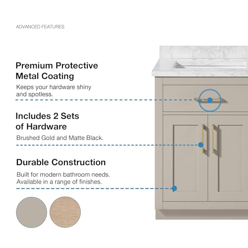 Image of OVE Decors Athea 36 in. Single Sink Freestanding Greige Bathroom Vanity with White Engineered Marble Top, Matching Backsplash, Power Bar and Brushed Gold Hardware