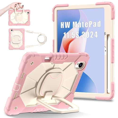 YOUULAR Shoulder Strap Tablet Case for Huawei MatePad 11.5 S/11.5 inch TGR-W09, Heavy Duty Shockproof Protective Cover with Kickstand, Handle, Shoulder Strap for Kids Women Man Rose Gold