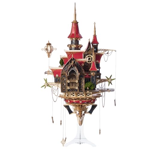 Fantasy Steam Castle 3D Wooden Puzzle, DIY Steampunk Architectural Model Kit with Baroque Style and LED Lighting, Display Art for Adults and Teens