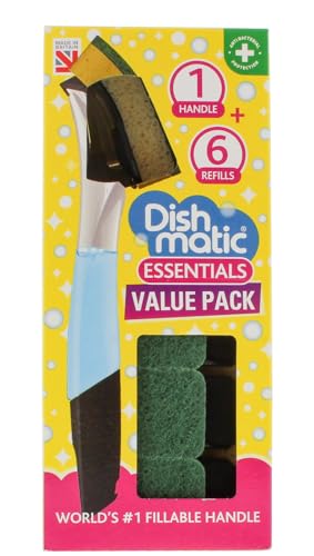 Dishmatic Vorteilspack-Set 1 x nachfüllbarer Spülmittel-Spendergriff mit 6 austauschbaren Allzweck-Schwammköpfen antibakterieller Küchenspülgriff mit Easy-Grip-Griff