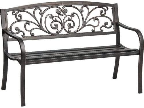 Cast Iron Powder Coated Outdoor Patio Bench, Ivy Design Backrest