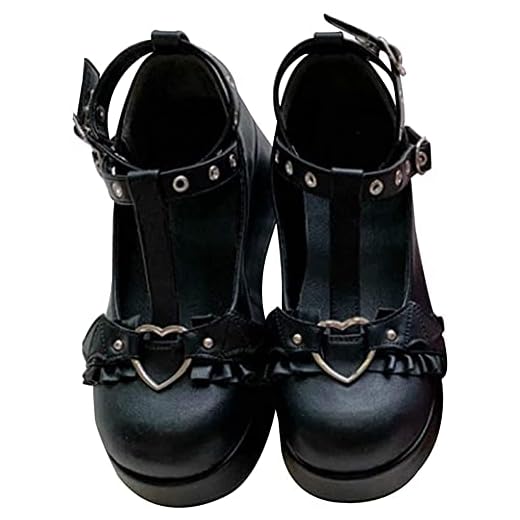 Womens Mary Jane Shoes T-Strap Chunky Heel Goth Platform Lolita Shoes Round Toe Ankle Oxfords Shoes for Women Black Siz 7