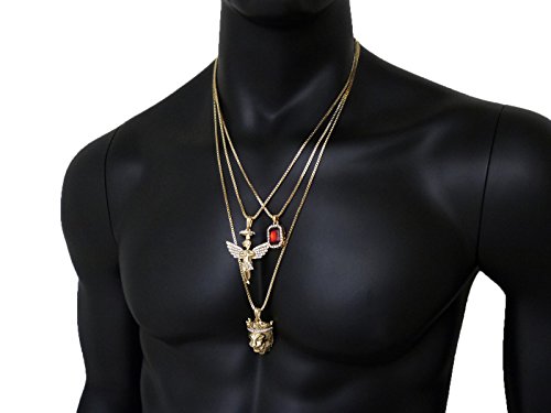 Micro Colorful Gemstone, Angle, Lion Pendant 24",30" Box Chain 3 Necklace Set Gold Tone RC1413G (Red)