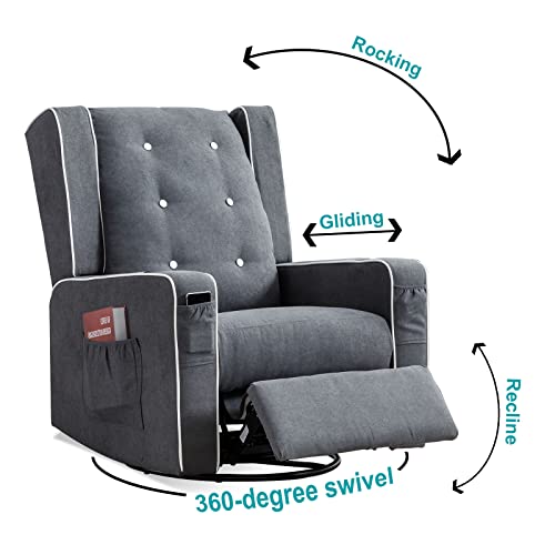 Vuyuyu Upholstered Glider Chair For Nursery, Swivel Rocking Recliner Chairs Manual Reclining Chair With Cup Holders/Side Pockets (Grey) #TOP2