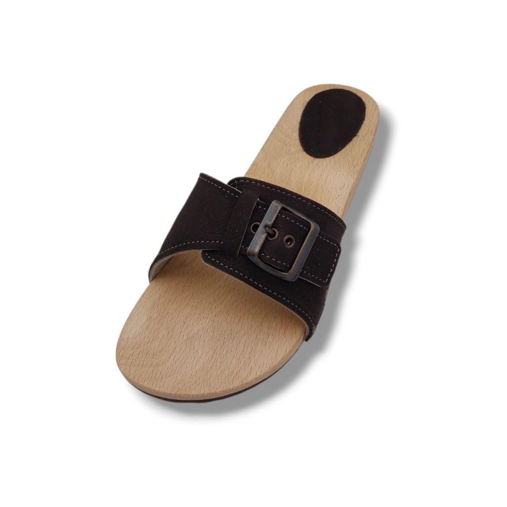 Giorgio - Zoccolo ad Una Fibbia da Uomo in Vero Legno di Faggio, Tomaia in Vera Pelle, Colori: Cognac, Testa di Moro, Nero, Verde Militare, Taglie 39-46 EU