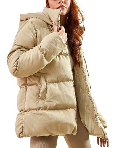 Gihuo Women's Winter Puffer Jacket Oversized Zip Up Long Quilted Coats Lightweight Stand Collar Padded Jackets with Hood(Apricot-S)