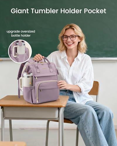 Image of LOVEVOOK Laptop Backpack for Women with Giant Tumbler Holder Pocket,17 inch Waterproof Travel Backpack Purse Computer Laptop Bag,Professional Work College Nurse Teacher Backpack Daypack,Light Purple