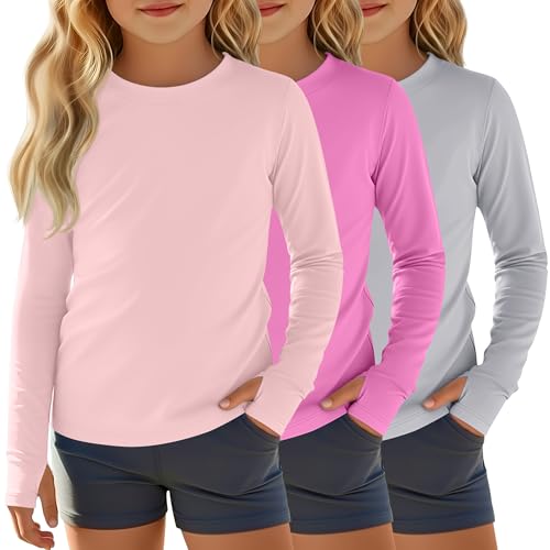 Image of 3 Pack Girls Rash Guard Swim Shirts 5-14Y UV Sun Protection Long Sleeve Thumb Hole Quick Dry T-Shirts UPF 50+ Tees