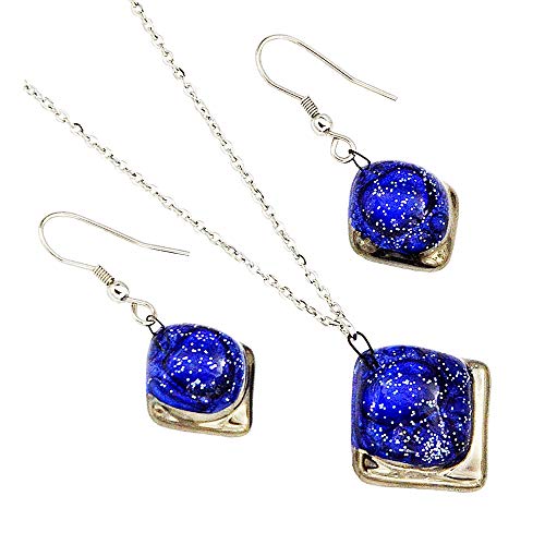 Ensemble bijoux bleu en verre tchèque fait main avec collier et boucles d'oreilles