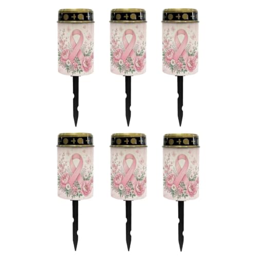 Image of Poceacles Cemetery Candle Grave Lights Outdoor Waterproof Decoration Pathway Lights Garden Solar Candle for Garden Lawn Decor, Pink Ribbon Floral Butterfly, Set of 6
