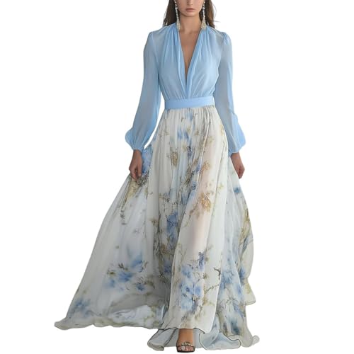 Minetom Femme Robe De Soirée Col V À Fleur Mousseline Manches Longue Maxi Dress Plage D'Été Cocktail Mariage Demoiselle d'honneur A Bleu M