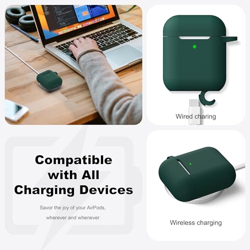 Image of AirPods Case Cover with Keychain, Full Protective Silicone AirPods Accessories Skin Cover for Women Girl with Apple AirPods Wireless Charging Case,Front LED Visible-Black Green
