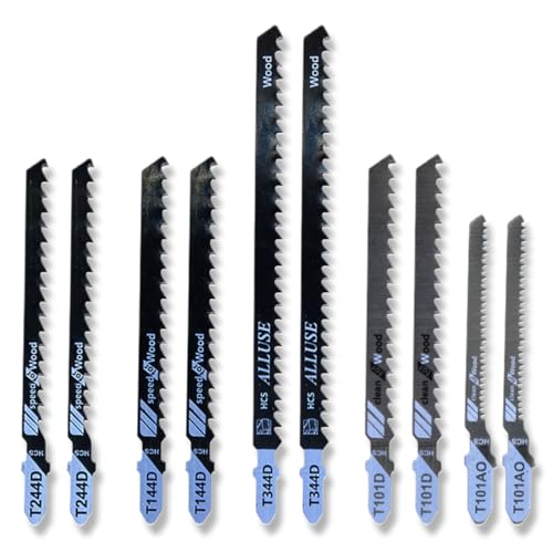 WUSJCOF 10 pièces Professionnel Jeu de lames de scie sauteuse à emmanchement T, lame bois et métal, avec boîte en plastique, T144D/T244D/T344D/T101D/T101AO, pour panneau de particules, contreplaqué