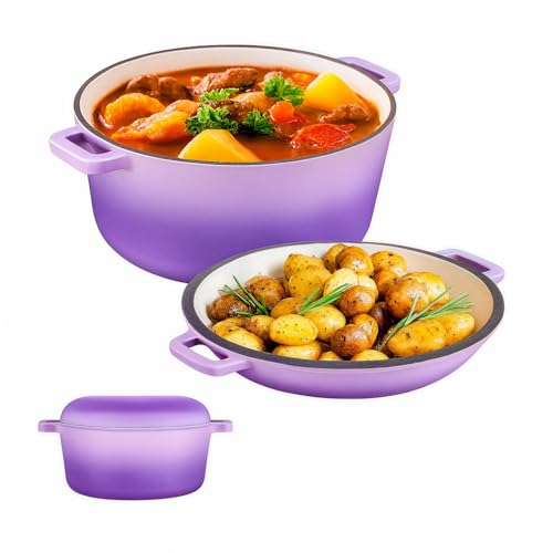 Bruntmor 2-in-1 Enamel Cast Iron Dutch Oven with Handles - Crock Pot Purple Cast Iron Pot with Skillet lid - All-in-One Cookware Braising Pan for Casserole Dish - 5 Quart, Purple