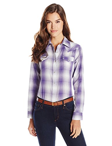 Wrangler Women's Western Long Sleeve Snap Shirt, Purple Plaid, Medium