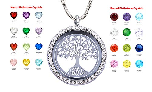 Family Tree Of Life Floating Locket Necklace With 24 Birthstones, 30Mm Diy Charms Living Memory Stainless Steel Pendant, Gifts For Mom Grandma Aunt Nieces Daughter Women Girls #TOP5