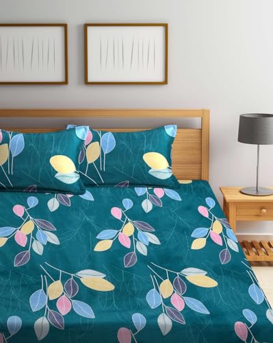 Image of DECOMIZER Soft Glace Cotton Super King Size AC Comforter II Blanket II Duvet for Double Bed with 108 x 108 Inch Bedsheet and 2 Pillow Cover - 4 Piece Comforter Set - Green Leaves