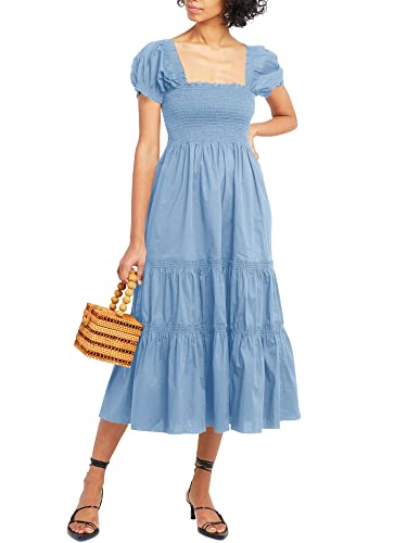 Zaful Womens Square Neck Short Puff Sleeve Smocked Tiered Ruffle A Line Solid Maxi Dress Blue #TOP18