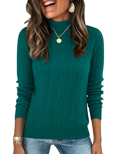 Women Casual Turtle Neck Stretch Knit Tops Long Sleeve Solid Color Turtleneck Sweaters Fall Colthes Deep Green M