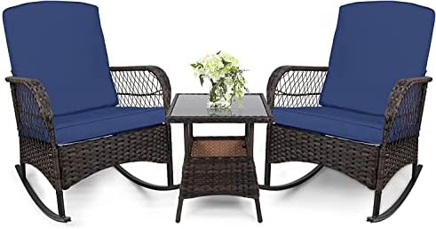 LEVELEVE 3 pcs Rocking Bistro Set Conversation Chairs PE Wicker Outdoor Rocking Chairs