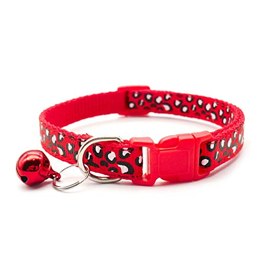 Small Dog Puppy Pet Collar Leopard Animal Print Design with Bell Nylon Adjustable Size 19-32cm Red - Image 2