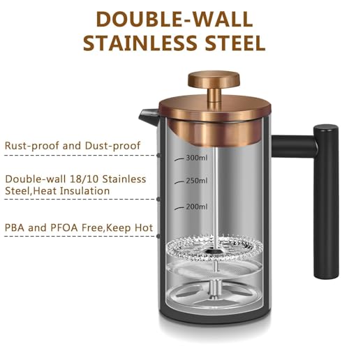Image of Black Mini French Press Coffee Maker 12oz, Single Cup French Press with Rose Gold Lid, 3 Extra Filters & 1 Gold Spoon(350ml Compact Travel Size) Dishwasher Safe