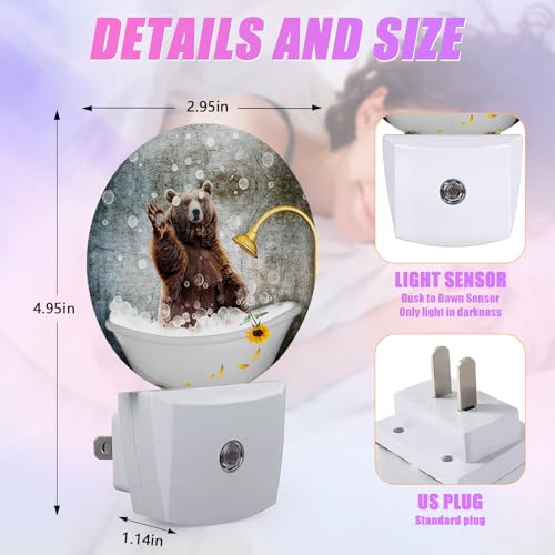 Image of Brown Bear Bathing Night Light LED Lamp Round Plug into Wall Nightlight with Dusk to Dawn Sensor Home Hallway Stairway Kitchen Decor