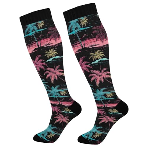 J JOYSAY Palm Trees Colorful Compression Socks for Women Men Knee High Cycling Socks for Recovery Work