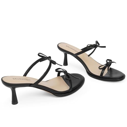 Image of Modatope Two Strap Heeled Sandals for Women Kitten Heel Rounded Toe Heels Women Slip on Open Toe Sandals