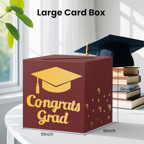 Image of OLANRUN 9 inch Graduation Card Box, Graduation Decorations 2026 - Congrats Grad Foldable Cardstock Money Box for Class of 2026 Grad Party Decor (Red Gold)