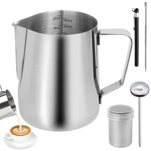 Milk Frothing Jug 600ml/21oz 304 Stainless Steel Milk Frothing Pitcher Milk Jug with Powder Shaker Thermometer Latte Art Pen Metal Frothing Jug Barista Accessories for Coffee Cappuccino Espresso