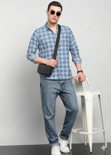 Image of Yuvawear, Men's Full Sleeve Checkered Casual Shirt, Blue, Green, and Cream Plaid Pattern