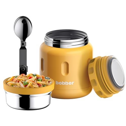 BOBBER 16 oz Insulated Stainless Steel Food Jar with Extra-Wide Mouth, Built-in Spoon & Bowl - Keeps Hot for 10 Hours and Cold for 15 Hours - Leakproof Lunch Thermo for Adults (Orange)