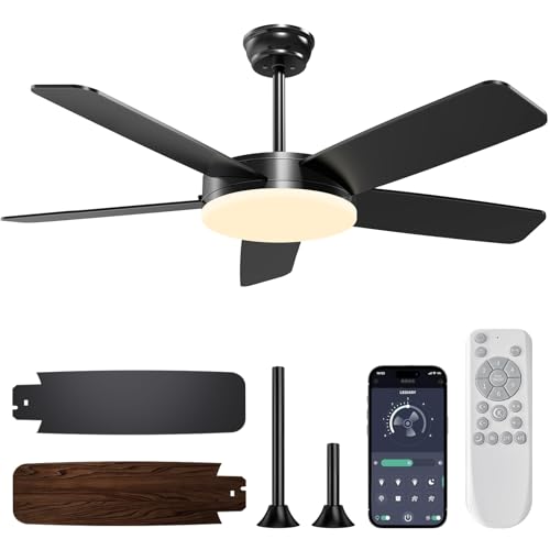 45 Inch Ceiling Fans with Lights and Remote/APP, Quick Install, 3CCT, 6 Speeds, Reversible, Dimmable, Black Low Profile Ceiling Fan with Light for Living Room Kitchen Bedroom Patio Indoor Outdoor
