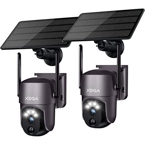 Xega 2 Pièces Caméra de sécurité Solaire extérieure sans Fil, caméra de vidéosurveillance PTZ Caméra de Surveillance Wi-FI Vision Nocturne Couleur PIR Détection Humaine Audio bidirectionnel