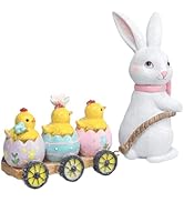 Hodao Easter Bunny Train Decorations, Resin Rabbit Pulling Chick Figurines with Pastel Eggs, Spri...