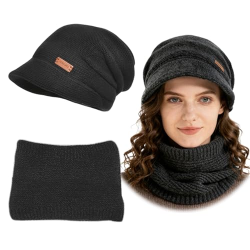 exatta Mütze Damen Wintermütze Strickmütze mit Schal Beanie Mütze Damen Warme Winter Herbst Schal und Mütze Set, Fleece Hüte für mit Krempe Baskenmütze für Outdoor