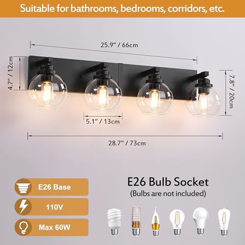 Image of LmnLvn Bathroom Light Fixtures, Farmhouse Black & Metal with Globe Glass