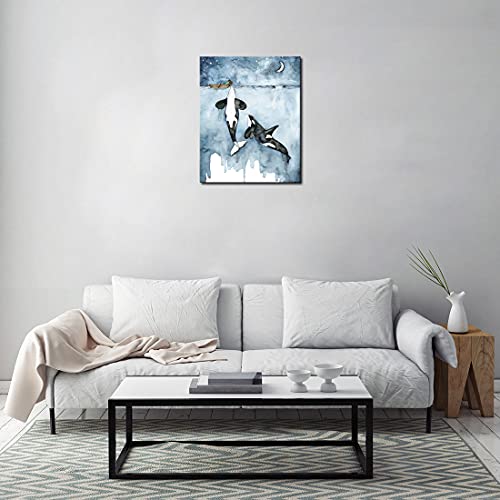 Henarts Orca And Girl Canvas Print Watercolor Painting Killer Whale Wall Art Marine Life Poster Abstract Decor Artwork Framed For Bedroom Living Room Bathroom Decoration Ready To Hang, 16 X 20 In #TOP4