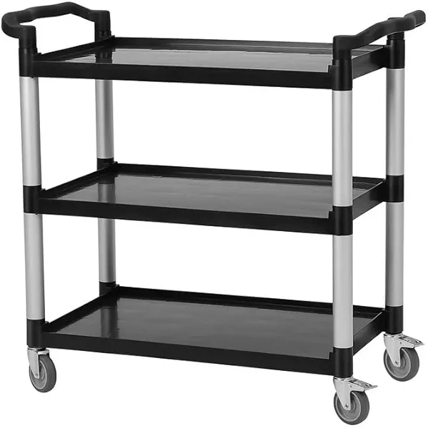Service Cart Heavy Duty 3-Shelf Rolling Utility/Push Cart with Lockable Wheels, 360 lbs. Capacity, Black, for Foodservice/Restaurant/Cleaning (Black)
