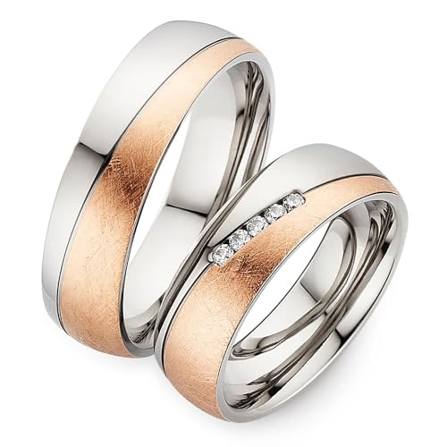 123traumringe Alianzas de boda en titanio y chapadas en oro rosa I Alianzas de pareja con diamante y estuche I Alianzas de boda grabables con 5 circonitas preciosas I Tamaño del anillo 50 62 mm