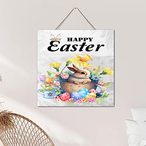 Plaque murale Happy Easter lapin bois suspension Pâques 30cm - 5