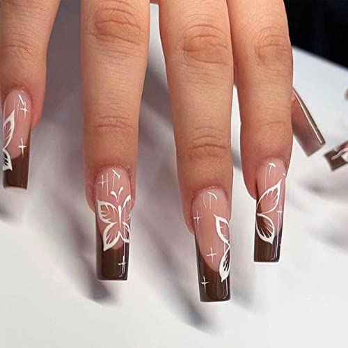 Yoyoee Brown French Press On Nails Long Coffin False Nails Bling Fake Nails Full Cover Butterfly Nails Tips For Women And Girls 24Pcs #TOP25