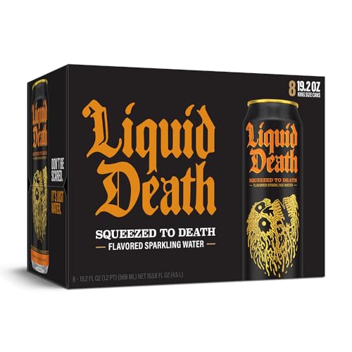 Image of Liquid Death, Squeezed to Death, Orange-Flavored Sparkling Water, 8-Pack (19.2oz Cans), Low Calorie & No Artificial Sweeteners